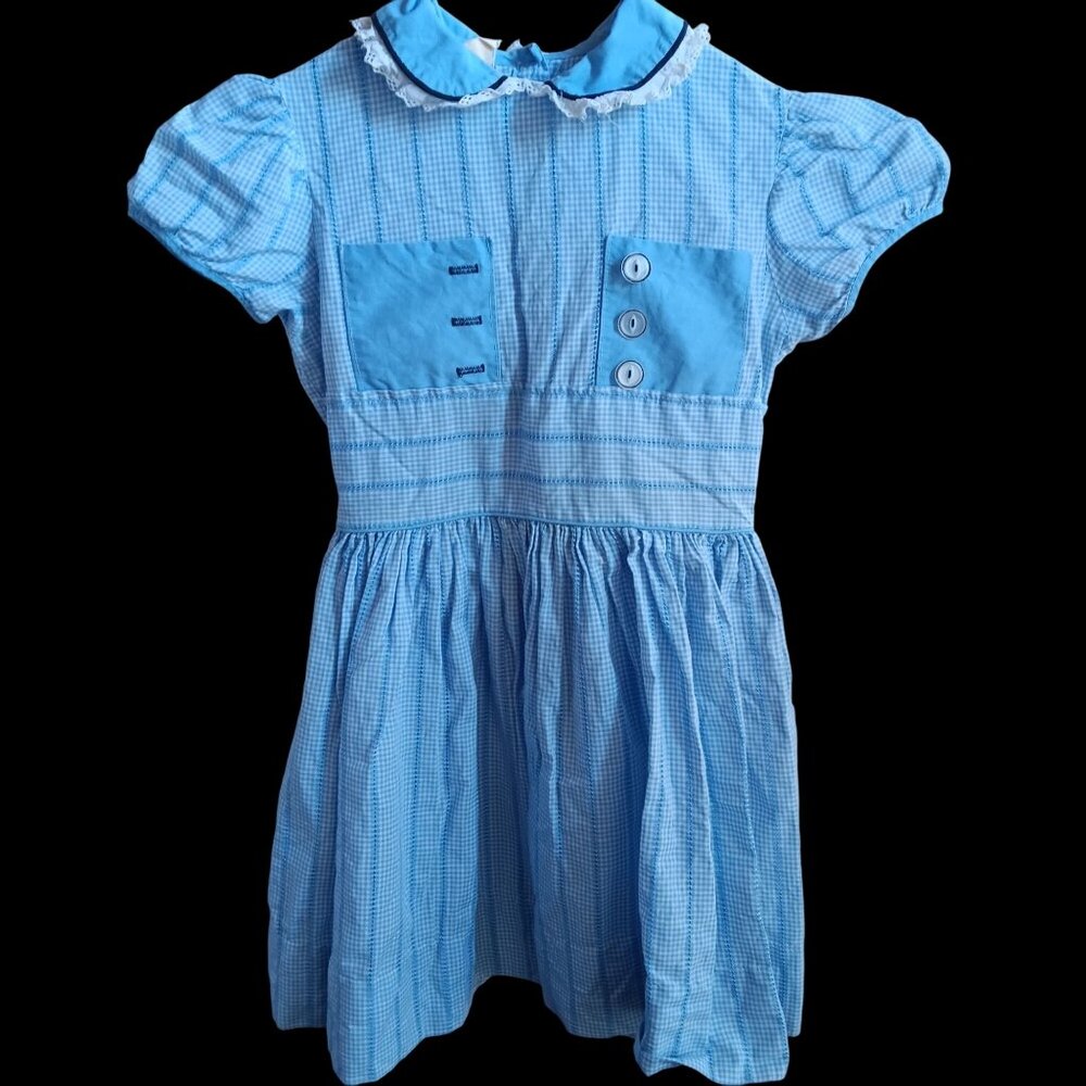 Vintage Girls Dress 10 1950's Blue Gingham Peter Pan Collar Lace Trim Dorothy